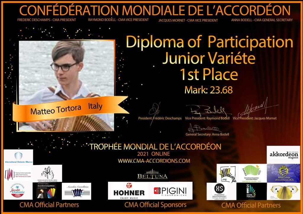 Matteo Tortora primo classificato categoria Junior Variéte del 71° Trophée Mondial de l'Accordéon